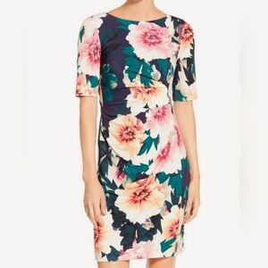 ELIZA J Exploding Floral Sheath Dress 6 Ruched Short Sleeve